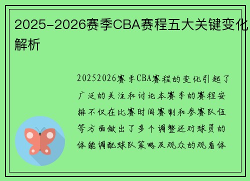 2025-2026赛季CBA赛程五大关键变化解析